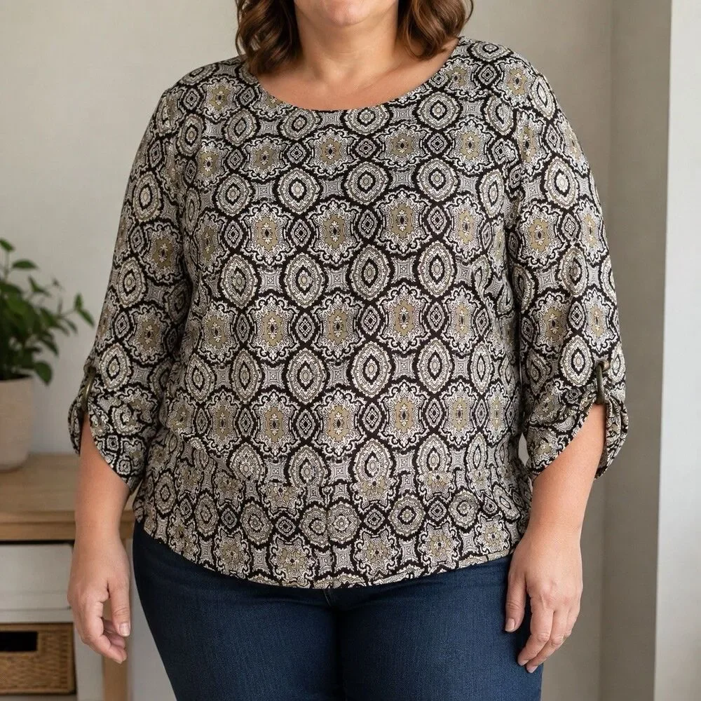 MICHAEL Michael Kors Blouse Womens 2X Brown Paisley D-Ring Sleeve NWT